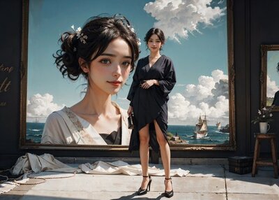 美女黑色服装微笑幻想画云朵天空后跟花水船