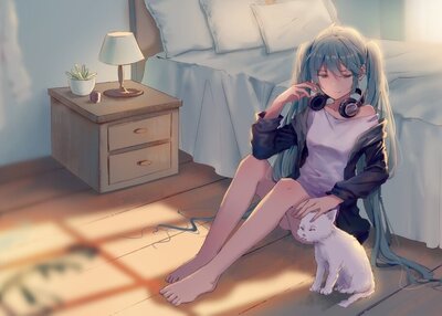 动漫女孩初音未来水色头发赤脚耳机猫动物美