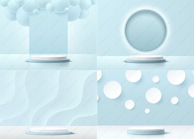 4款浅蓝和白色淡雅几何体产品展示台EPS矢量背景&超清JPG素材[6000PX]-VOL-03