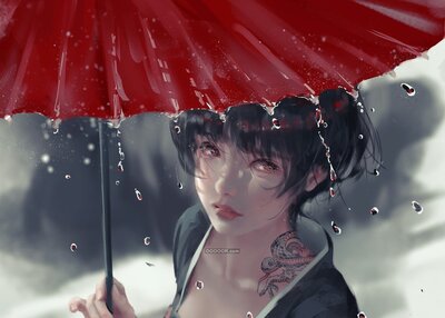 WLOP幻想女孩雨劈裂纹身鬼刃玉鬼刃