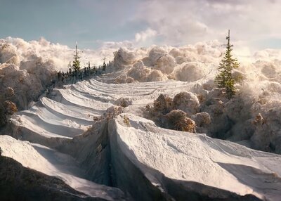 雪山上空的蓝天冷杉透视单板滑雪