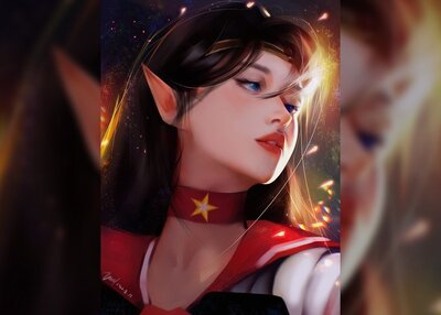 幻想女孩看着侧面精灵尖耳朵水手服黑发项圈