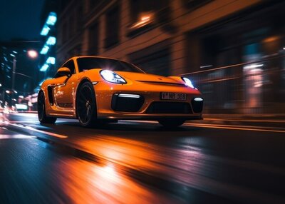街头赛车夜晚肌肉车城市橙色前灯路灯道路牌