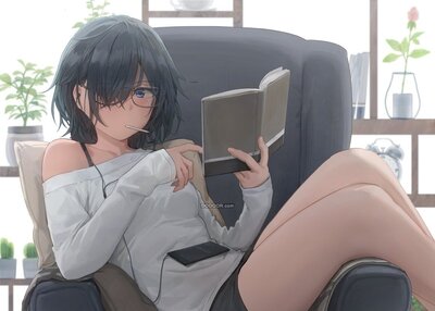 动漫女孩阅读约翰1754耳机手机图书短发