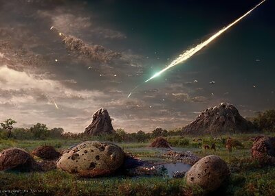 绿色山谷中的大石头和多云天空中坠落的流星