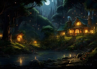 森林萤火虫村舍夜晚水月树木楼梯灯光天空建