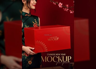 红色方形礼盒新年风格包装样机模型