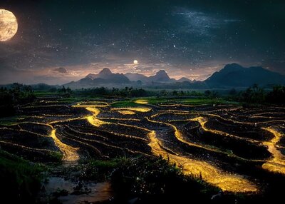 黑暗星空下田野的夜景与月亮