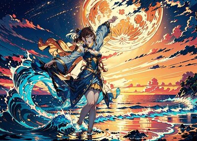 数码艺术动物月水云朵动漫女孩天空发夹波浪