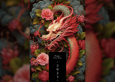 中国龙年农历新年海报2024年龙插画PSD素材-01