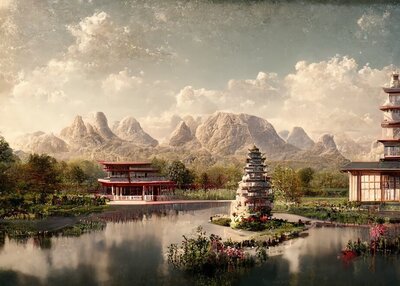 湖边有高塔的亚洲住宅楼