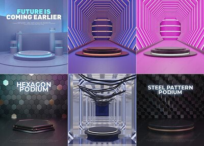 6种光感风格未来派造型3D产品展示台样机