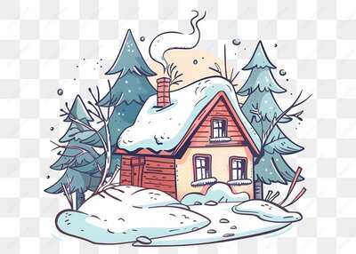 雪中的小屋和树木