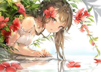 动漫女孩肖像二维安米水花朵黑发