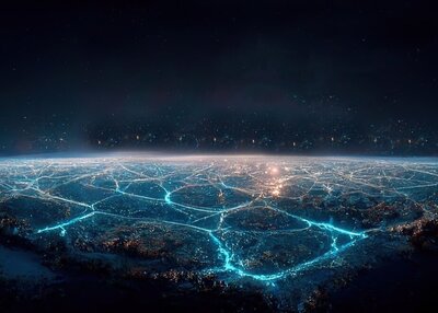漆黑夜空下大地上的蓝色发光脉