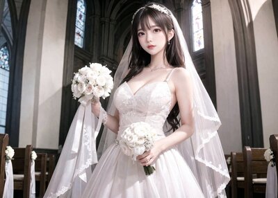 结婚礼服美女彩色玻璃教堂花项链长发