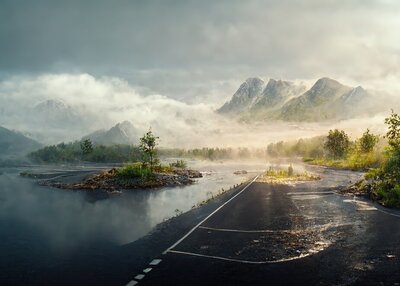 雾中湖边和山边有一条汽车路的夏日风景