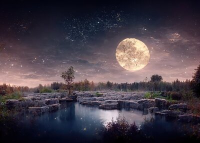 夜晚的大自然在天空中满月星星在一片有湖树