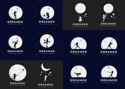 12款孩子的梦想儿童剪影与月球矢量插画LOGO模板素材