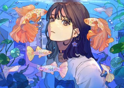 动漫皮克斯动漫女孩鱼睡莲长发黑发棕色眼睛
