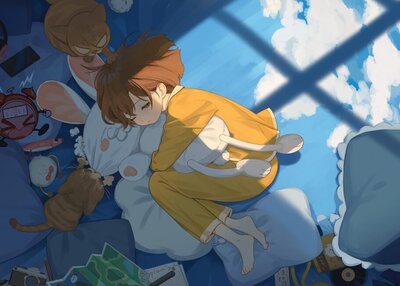 Hanseranime女孩睡觉猫闭眼侧卧