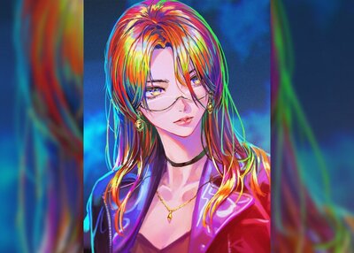 动漫女孩彩虹头发眼镜多色头发