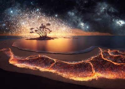 插图景观生物发光树星星水波浪天空星夜
