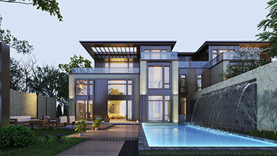 现代联排豪华别墅-住宅庭院水景设计