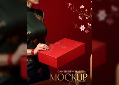 红色方形礼盒新年风格包装样机模型