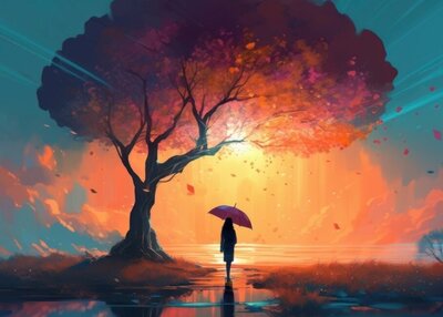 插图步行伞树橙子反射树叶