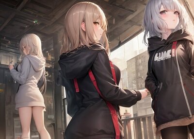动漫女孩灰色连帽衫回眸头罩脸红女子三人组