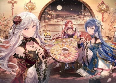 动漫女孩食物女子三人组美女长发头发花