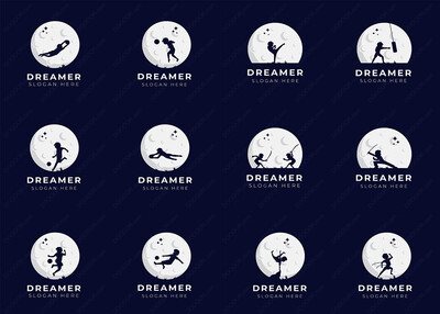 16款孩子的梦想儿童体育运动剪影与月球矢量插画LOGO模板素材