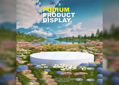 蓝天草地花丛点缀岩石底座PSD产品展示台