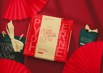 红色新年礼盒包装样机模型