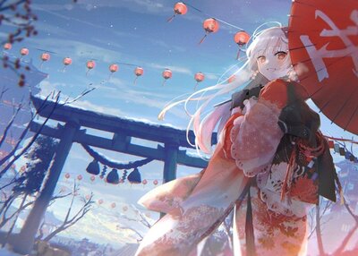 动漫女孩奥尤尤鸟居雪银发红眼睛微笑着伞日