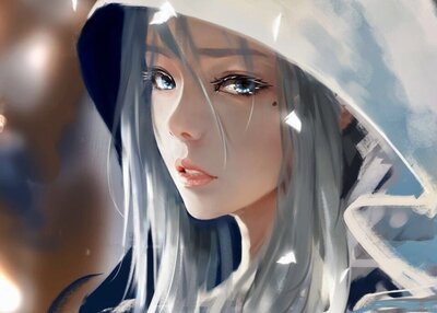 WLOP绘画女性脸白发动漫女孩银发鬼刃