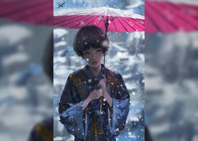 WLOP幻想动漫女孩雪伞鬼刃女性带伞的妇
