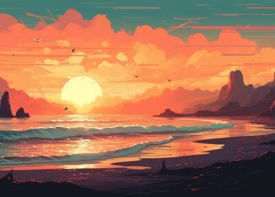 插图日落海滩云山晚霞水波浪