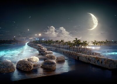 在海滩上散步晚上有棕榈树天空中有满月