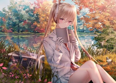 动漫女孩淳白花莲湖树落下郎双马尾紫色眼睛