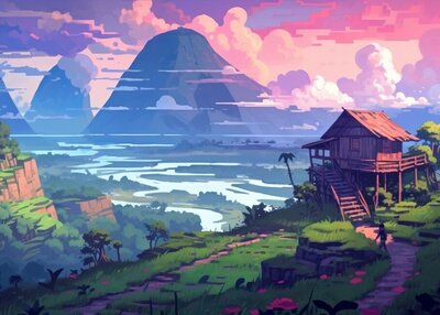 插图谷山小屋云花朵草自然水