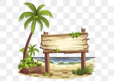 海滩木牌和椰子树